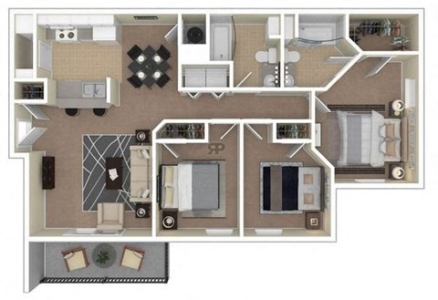 Floor plan for 3 beds, 2 baths, 1100 sqft